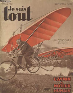 Je sais tout n°357 septembre 1935 : L'avion à moteur humain - Au concours Lépine. Sommaire :Pour avoir une frote poigne et de beaux avant-bras - Le gouvernement laisse vendre chaque année 100 millions de moules empoisonnées par Gaston Conduché - etc.