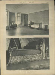 "Chambre de Hortense de Beauharnais - Lit de l'Impératrice - Planche n°34-35 en noir et blanc extraite de l'ouvrage ""Le Château La Malmaison : Décorations intérieures, moblier, bronzes, etc."""