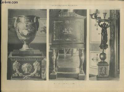 "Salon - Vase de Sèvres, Meuble, Candélabre - Planche n°48-49-50 en noir et blanc extraite de l'ouvrage ""Le Château La Malmaison : Décorations intérieures, moblier, bronzes, etc."""