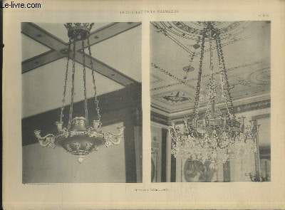 "Lustres, Salon de Musique et Salon - Planche n°51-52 en noir et blanc extraite de l'ouvrage ""Le Château La Malmaison : Décorations intérieures, moblier, bronzes, etc."""