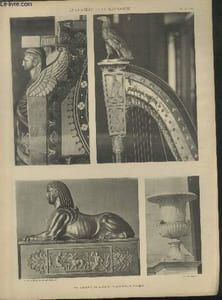 "Bras de fauteuil, Harpe, Chenet, Vase de la Façade principale - Planche n°61 à 64 en noir et blanc extraite de l'ouvrage ""Le Château La Malmaison : Décorations intérieures, moblier, bronzes, etc."""