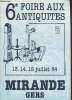 6e Foire aux Antiquités Mirande Gers 13. 14. 15 juillet 1984. Collectif