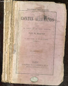 "Contes allemands imites de Hebel et de Karl Simrock et illustres de 27 vignettes par Bertall - bibliotheque rose illustree + 1 mini carte postale publicitaire ""chocolat Louit, les coiffures d'homme a travers les ages N°42 : chapeau de paludier 1884"""