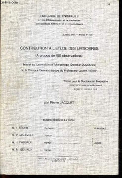 Contribution a l'etude des urticaires (a propos de 150 observations)- Travail du Laboratoire d'allergologie (Docteur Ducombs) de la Clinique ...