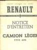 RENAULT - NOTICE D ENTRETIEN - CAMION LEGER TYPE AHS - NOVEMBRE 1941. COLLECTIF