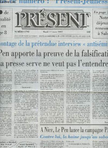 Présent n°3792- Mardi 11 mars 1997-Sommaire: Le Pen apporte la preuve de la falsification , la presse serve ne veut pas l'entendre- Nice, Le Pen lance la campagne PACA- Raoult à l'initiative de l'UEFJ- Le préservatif incertain: l'aveu des gynécologues- e