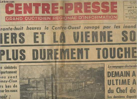 Centre-presse n°4, 18e année- Jeudi 5 Janvier 1961-Sommaire: Depuis 48h, le Centre-Ouest ravagé par les inondations: Poitiers et la Vienne sont les ...