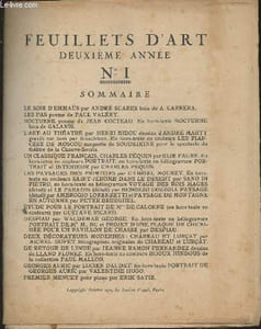 Feuillets d'art 2ème année- n°1- Octobre 1921-Sommaire: Le soir d'Emmaüs par André Suares- Les pas, poème de Paul Valéry- Nocturne, poème de Jean Cocteau- L'art au théâtre par Henri Bidou- Un classique français, Charles Péquin par Elie Faure- Les paysages