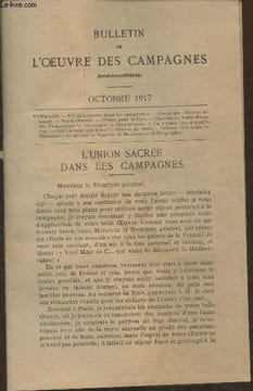 Bulletin de l'oeuvre des campagnes, archiconfrérie- Octobre 1917-Sommaire: L'union sacrée dans les campanges- Chronique: diocèse de Luçon- Notre ...
