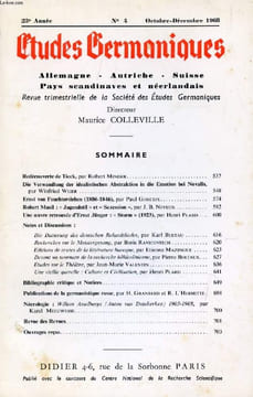ETUDES GERMANIQUES, 23e ANNEE, N° 92, OCT.-DEC. 1968, ALLEMAGNE, AUTRICHE, SUISSE, PAYS SCANDINAVES ET NEERLANDAIS (Sommaire: Redécouverte de Tieck, ...