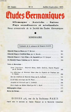 ETUDES GERMANIQUES, 26e ANNEE, N° 103, JUILLET-SEPT. 1971, ALLEMAGNE, AUTRICHE, SUISSE, PAYS SCANDINAVES ET NEERLANDAIS (Sommaire: Centenaire de la ...