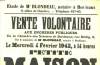 Affiche de la Vente Volontaire aux Enchères Publiques d'une Maison à Caudéran, le 4 février 1942.. ETUDE DE Me BLONDEAU
