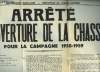 1 Affiche d'Arrêté d'Ouverture de la Chasse pour la Campagne 1958 - 1959. MINISTERE DE L'AGRICULTURE