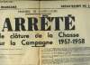 "1 Affiche de l' "" Arrêté d'Ouverture de la Chasse pour la Campagne 1957 - 1958". DEPARTEMENT DU LOT