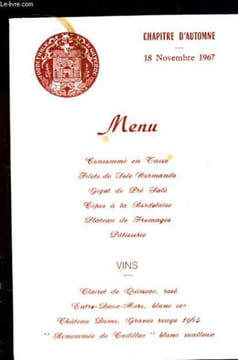 Menu du Chapitre d'Automne, le 18 novembre 1967. CONNETABLIE DE GUYENNE