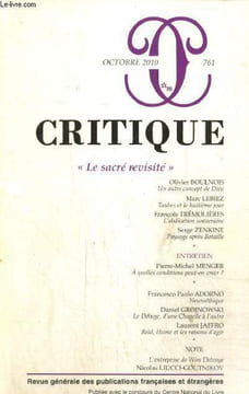 "Critique, n°761 (octobre 2010) : ""Le sacré revisité"" / Un autre concept de Dieu (Olivier Boulnois) / Taubes et le huitième jour (Marc Lebiez) / A ...