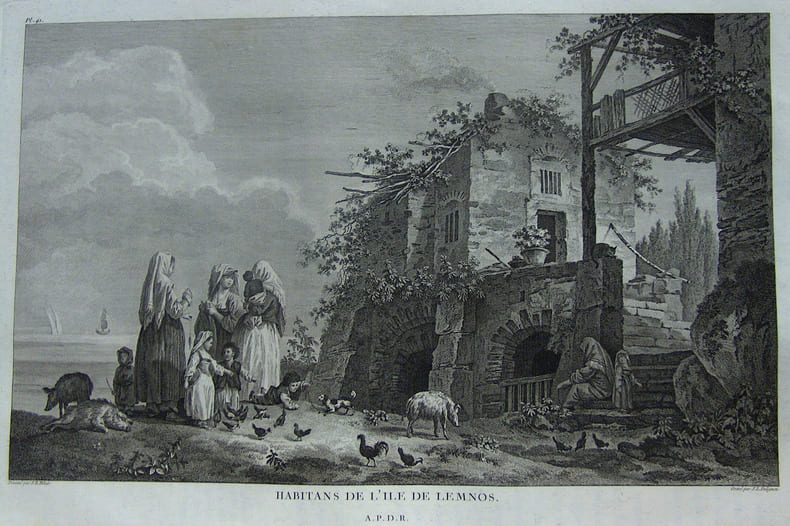 1. Vue de la ville de NIO - Femmes de l'ile de NIO (IOS) 2. Vue de ville et de l'ile de Siphanto (Syphnos) 3. Vue de SMYRNE 4. Vue du bourg de ...