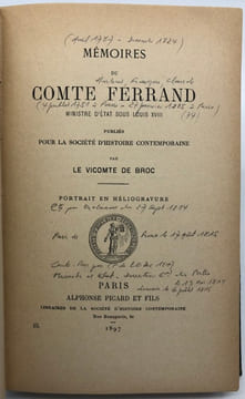 Mémoires. Pub. pour la Société d'Histoire Contemporaine par le vicomte de Broc. FERRAND (Antoine-François-Claude)