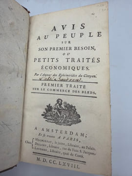 Avis au peuple sur son premier besoin. ou Petits traités économiques. Par l'Auteur des Ephémérides du Citoyen. [DUPONT DE NEMOURS (Pierre-Samuel)], ...