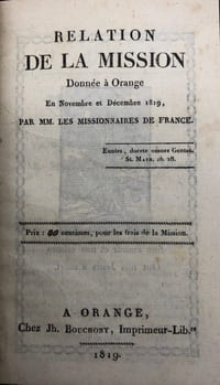 RELATION de la mission donnée à Orange. en novembre et décembre 1819, par MM. les missionnaires de France