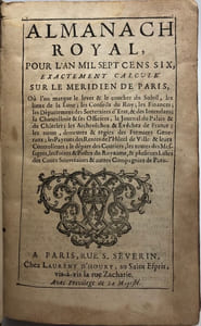 ALMANACH Royal, pour l'an 1706. exactement calculé sur le méridien de Paris