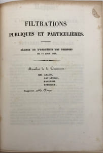 Filtrations publiques et particulières. Rapport fait à l'Académie des sciences. séances du 14 août 1837, sur des appareils de filtrage de M. Henri de Fonvielle (Extrait des Comptes rendus des séances de l'Académie des sciences, séance du 14 août 1837)