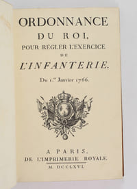 Ordonnance du Roi pour régler l'exercice de l'infanterie. Du 1er janvier 1766 [suivi de 12] Planches gravées d'après plusieurs positions dans lesquelles doivent se trouver les soldats, conformément à l'ordonnance du Roi de l'exercice de l'infanterie. Du 1er janvier 1766 [suivi de 37 planches de manoeuvres]