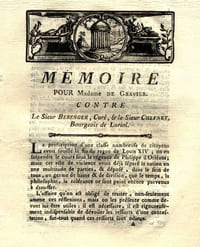 Mémoire pour Madame de Gravier contre le sieur Bérenger, curé et le sieur Cheynet, bourgeois de Loriol. [Et :] Observations pour la dame de Gravier contre les sieurs Cheynet et Bérenger