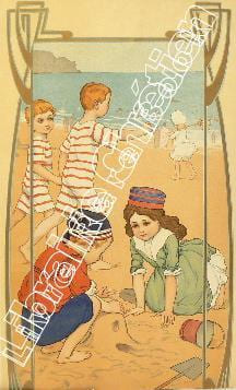 "Enfants à la plage". . AFFICHETTE. ART NOUVEAU.