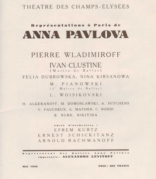 "La fille mal gardée", "Dionisus","Divertissements".Représentations à Paris de Anna Pavlova. . [BALLETS RUSSES-PROGRAMME]. KORSAKOV ...