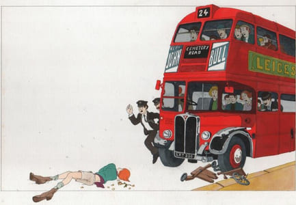 "Accident d'un bus londonien contre un poète colporteur."
