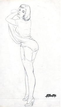 "Pin-up, jupe relevée et porte-jaretelles"..  GOURDON (Michel).
