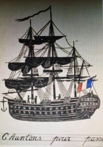 Cahier de chansons de Jean La Pipe. Quartier Maître à bord de La Pétulante. Cahier de Chansons de Jean-Louis Postollec. Timonier à bord de La Finette. Sous le commandement du Capitaine de Frégate Comte Bossoir de Paravane. Vive la Marine Française.