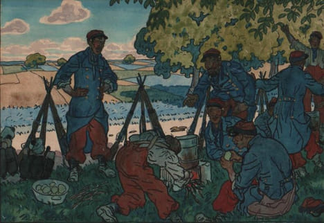 "Bivouac en pantalon garance". . BRISSAUD (Pierre).