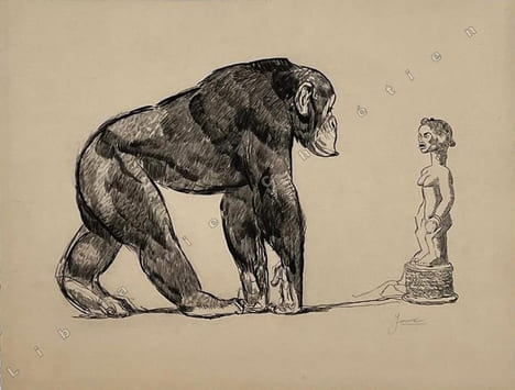 "Chimpanzé devant une statue Baoulé".. JOUVE (Paul).