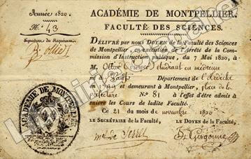 Certificat d'admission aux cours de la Faculté des Sciences de l'Académie de Montpellier