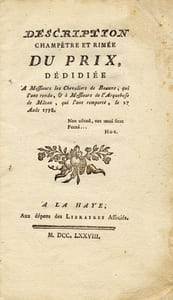 Description champêtre et rimée du Prix dédiée (sic) à Messieurs les Chevaliers de Beaune, qui l’ont rendu et à Messieurs de l’Arquebuse de Mâcon, qui l’ont remporté, le 27 août 1778.