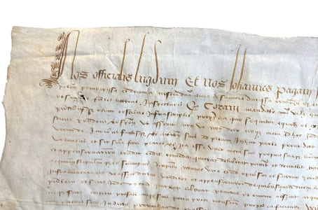 Vente par Mathieu Bayères, fils d’Antoine, de la paroisse de Chasselay, au profit d’Etienne Charvet, de la paroisse de Quincieux, d’une maison haute située à Chasselay, sur le chemin appelé de Genevray (in carreria vocata de Genevreyam), pour le prix de 10 livres tournois, monnaie royale ayant cours et moyennant une pension annuelle de 10 sols tournois. Fait à Trévoux en présence de Pierre Perrier et Antoine Girardet alias Deborg de la paroisse de Reyrieux, 2 janvier 1508.Au verso: acte de revente par le même Etienne Charvet au profit de maître Etienne Thomas, notaire et châtelain de Chasselay, de ladite maison comprenant un pourpris, un étang, la maison à proprement parler, une terre, l’entrée et les aisances, pour 30 sols tournois. Fait à Chasselay en présence de Jean Decret, notaire et Bernard Croset, cordonnier, tous deux habitants de Chasselay, le 16 mars 1519.