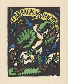 Batrachomyomachie (La). Poème attribué à Homère. Translaté du grec en français par Mario Meunier, orné de bois gravés par Lucien Boucher. . [Boucher ...
