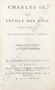 Charles IX, ou l'école des Rois, tragédie. Prix : 3 livres 12 sous.