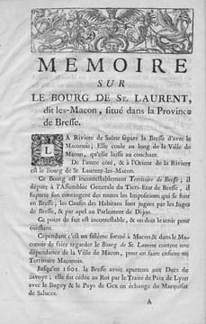 Mémoire sur le bourg de Saint-Laurent, dit les-Mâcon, situé dans la province de Bresse.. Thiérion, curé de Saint-Laurent-les-Mâcon :