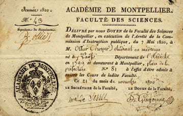 Certificat d'admission aux cours de la Faculté des Sciences de l'Académie de Montpellier