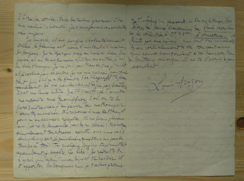 LETTRE AUTOGRAPHE SIGN&Eacute;E [&Agrave; PIERRE MAISON]. Louis ARAGON