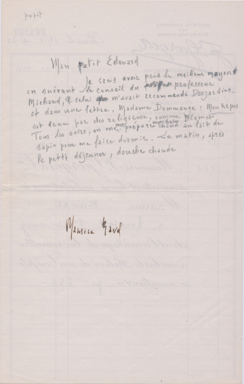 BROUILLON DE LETTRE AUTOGRAPHE À SON FRÈRE. Maurice RAVEL