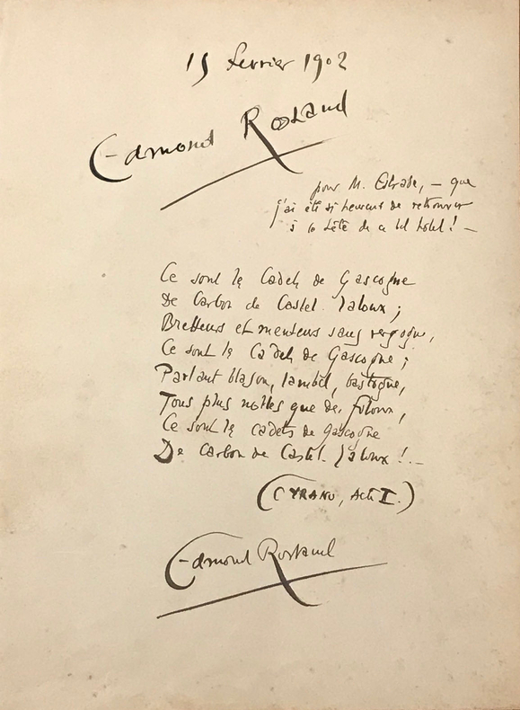 CITATION AUTOGRAPHE SIGNÉE DE CYRANO DE BERGERAC. Edmond ROSTAND (1868-1918)