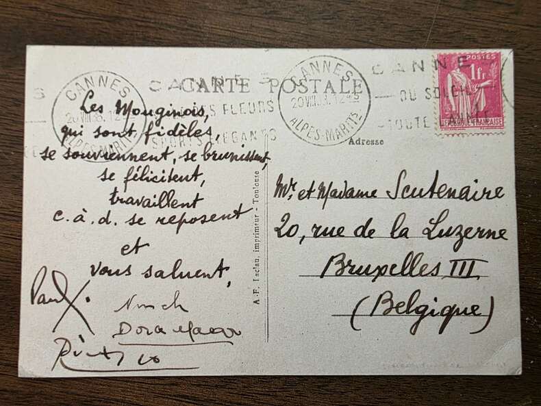 CARTE POSTALE AU COUPLE SCUTENAIRE (LOUIS SCUTENAIRE ET IRÈNE HAMOIR). Paul ÉLUARD, NUSCH Éluard, Dora MAAR, Pablo PICASSO