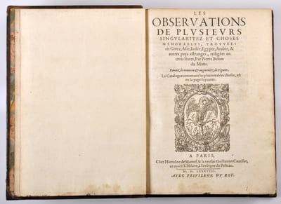LES OBSERVATIONS DE PLUSIEURS SINGULARITEZ ET CHOSES MEMORABLES, trouvées en Grèce, Asie, Judée, Egypte, & autres pays estranges, rédigées en trois livres, par Pierre Belon du Mans. Reveuz de nouveau & augmentez de figures. Catalogue contenant les plus notables choses, est en la page suyvante.
