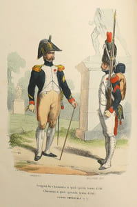 COLLECTION DES TYPES DE TOUS LES CORPS ET DES UNIFORMES MILITAIRES DE LA RÉPUBLIQUE ET DE L'EMPIRE. 50 PLANCHES coloriées comprenant les portraits de Bonaparte, premier consul ; de Napoléon, Empereur ; du prince Eugène, du Roi Murat et du Prince J. Poniatowski d'après les dessins de M. Hippolyte Bellangé.