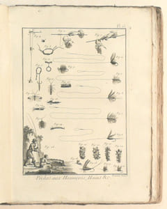 RECUEIL DE PLANCHES DE L'ENCYCLOPÉDIE. PLANCHES DES PÊCHES. Explication de Cent Trente-Deux Planches des Pêches, à cause de Dix-Huit doubles. Concernant : I°. les Pêches aux Hameçons, Haims, &c. ; 2°. différentes sortes de Pêches ; 3°. les Pêches aux filets ; 4°. les Pêches de mer, de rivières, y compris les tableaux & vues relativement aux Pêches, &c.
