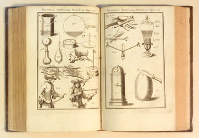 RÉCRÉATIONS MATHÉMATIQUES ET PHYSIQUES, qui contiennent plusieurs problèmes d'Arithmétique, de Géométrie, d'Optique, de Gnomonique, de Cosmographie, de Mécanique, de Pyrotechnie, et de Physique. Avec un Traité nouveau des Horloges Élémentaires. [2 volumes].
